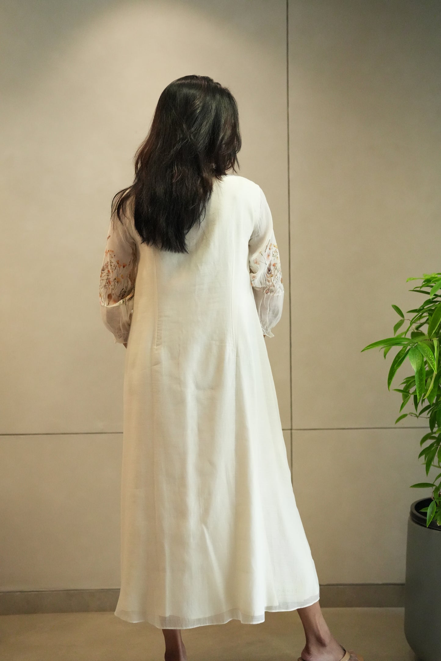 Off white Chanderi frock with floral printed sleeves