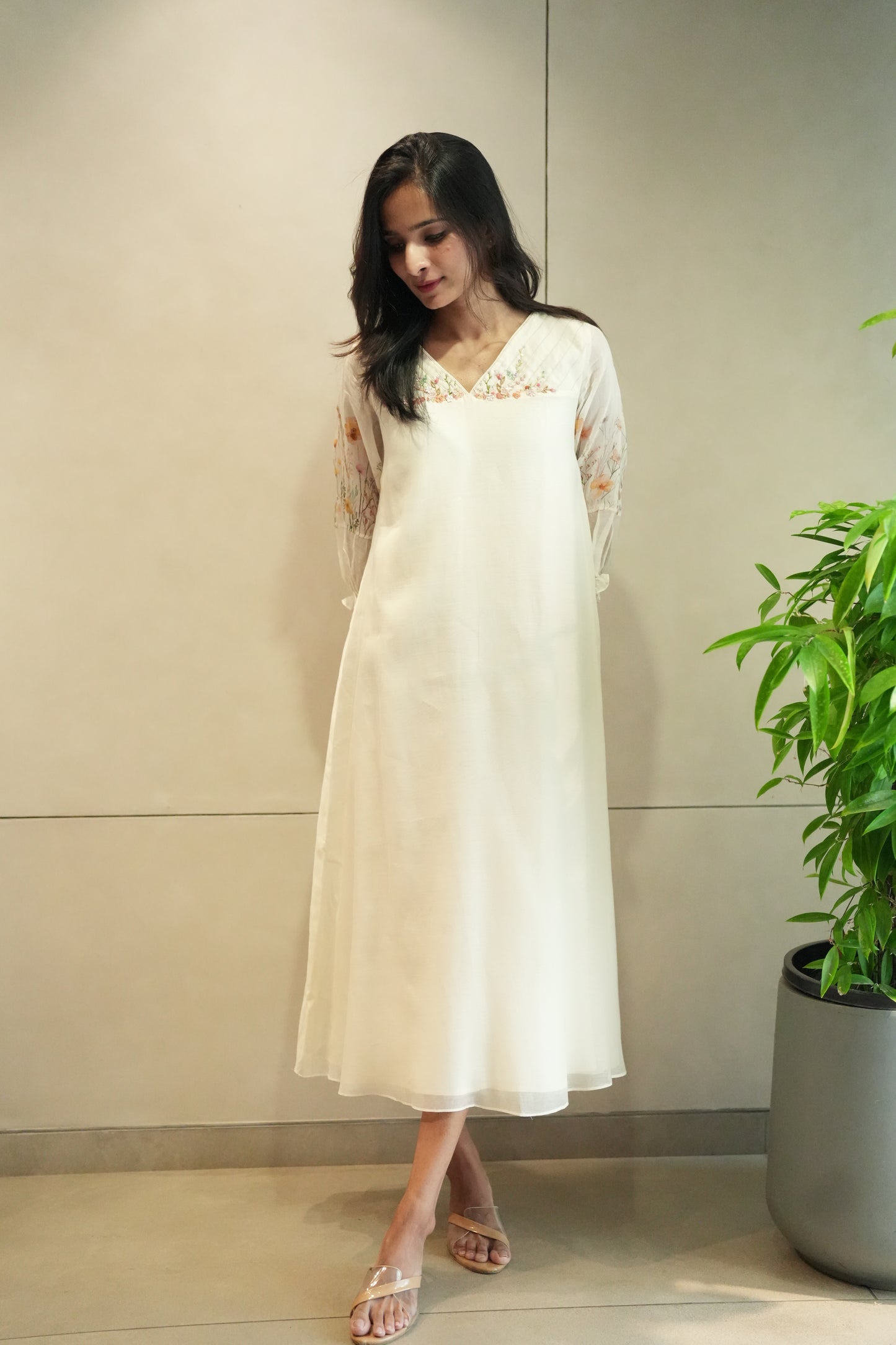 Off white Chanderi frock with floral printed sleeves