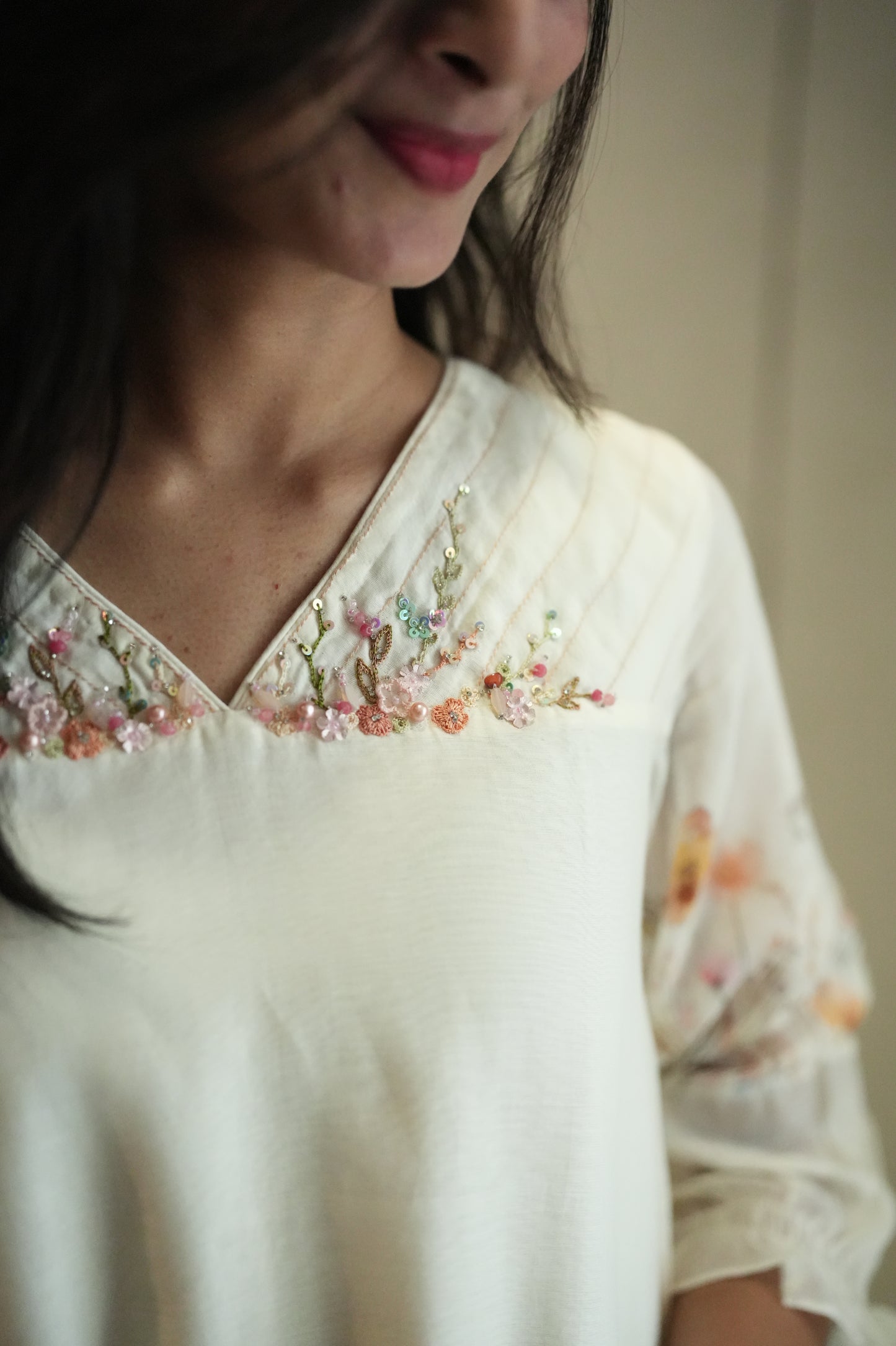 Off white Chanderi frock with floral printed sleeves