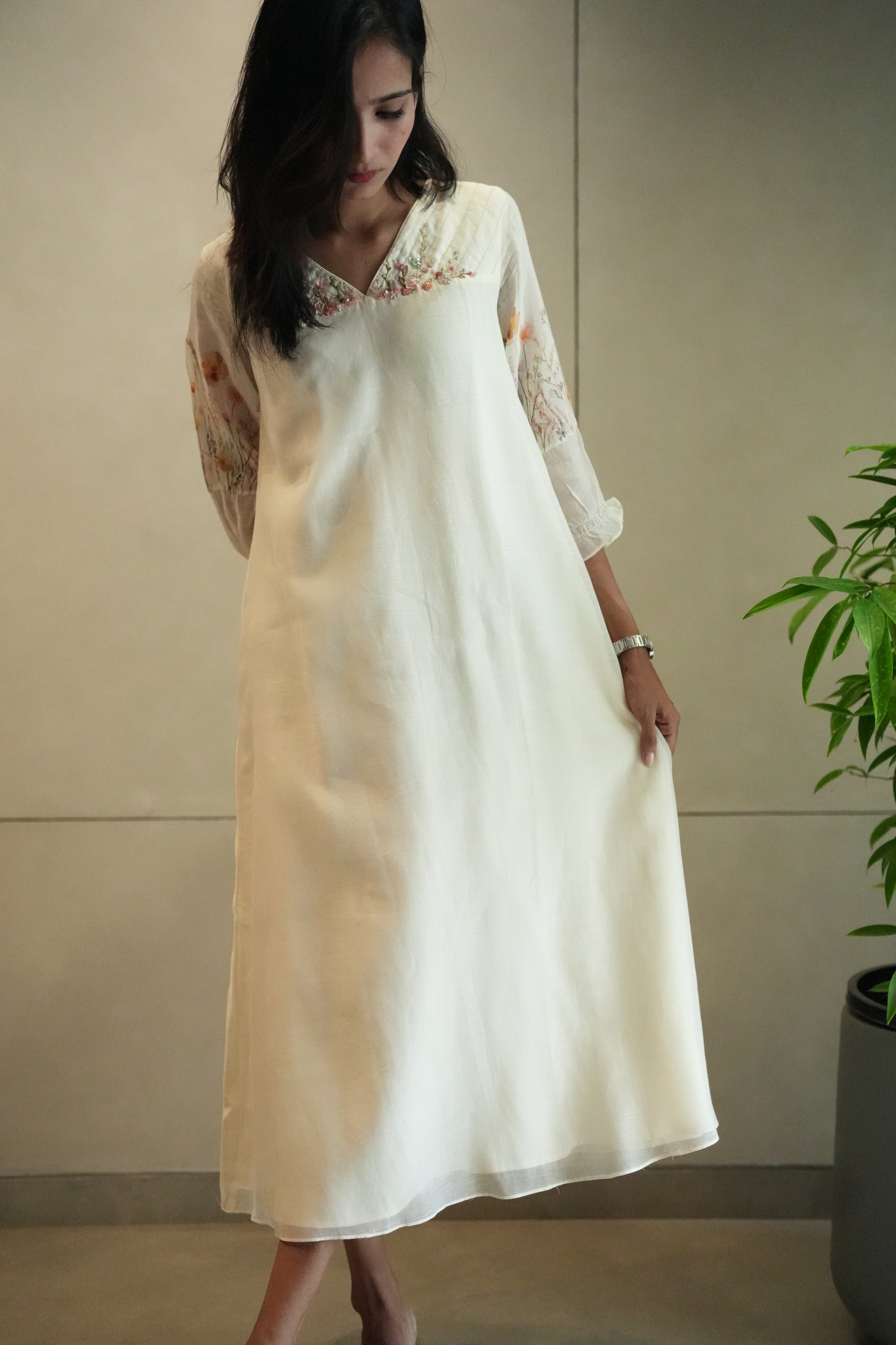 Off white Chanderi frock with floral printed sleeves