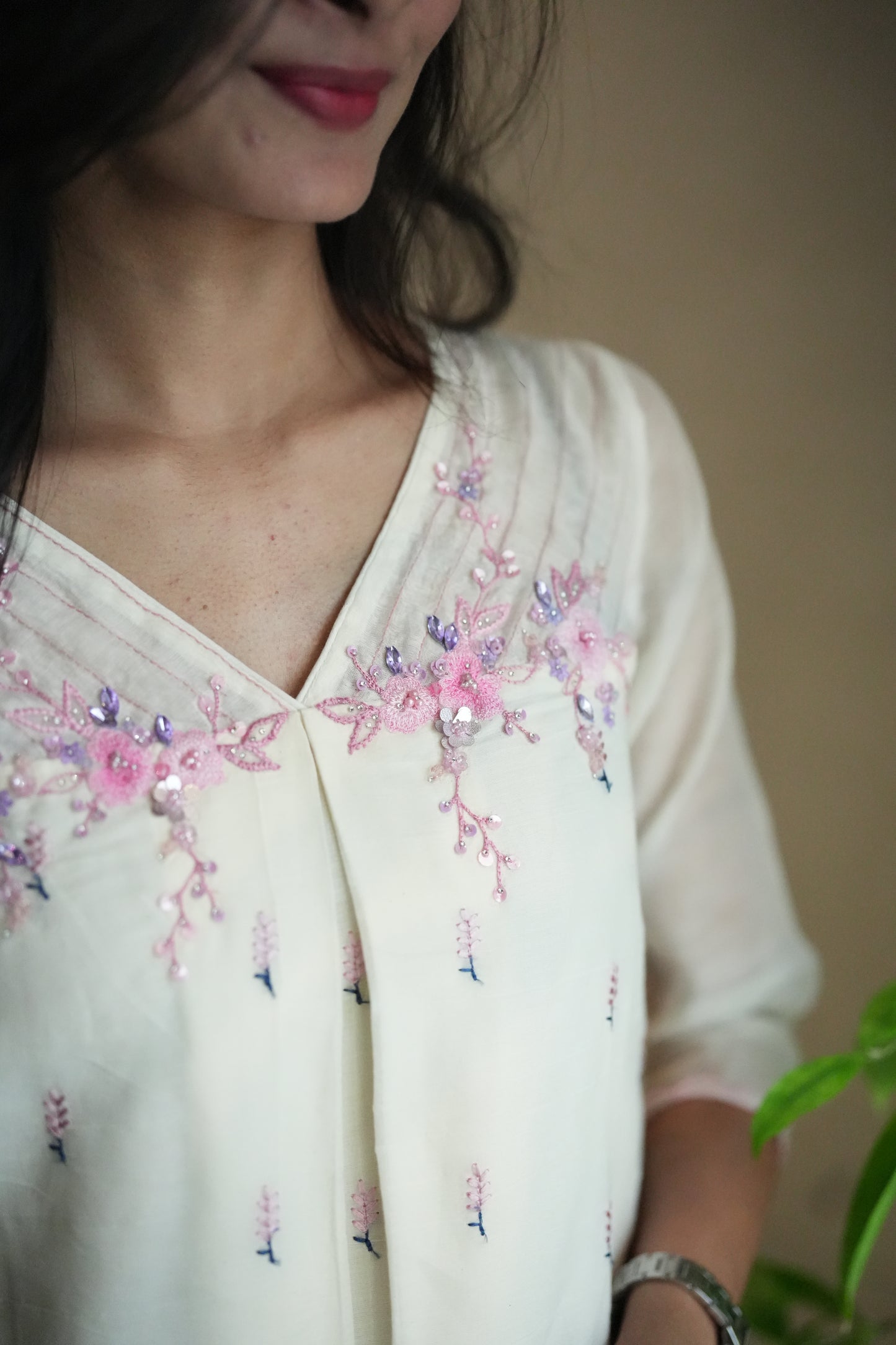 Off white frock with floral embroidery