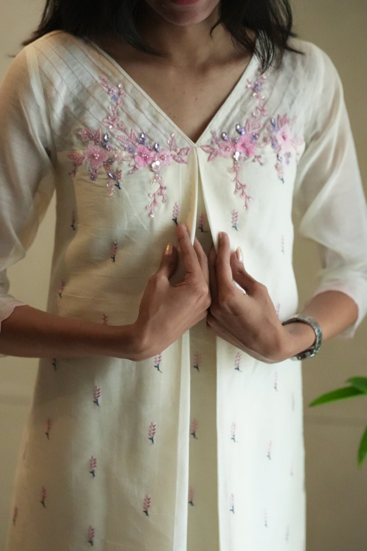 Off white frock with floral embroidery