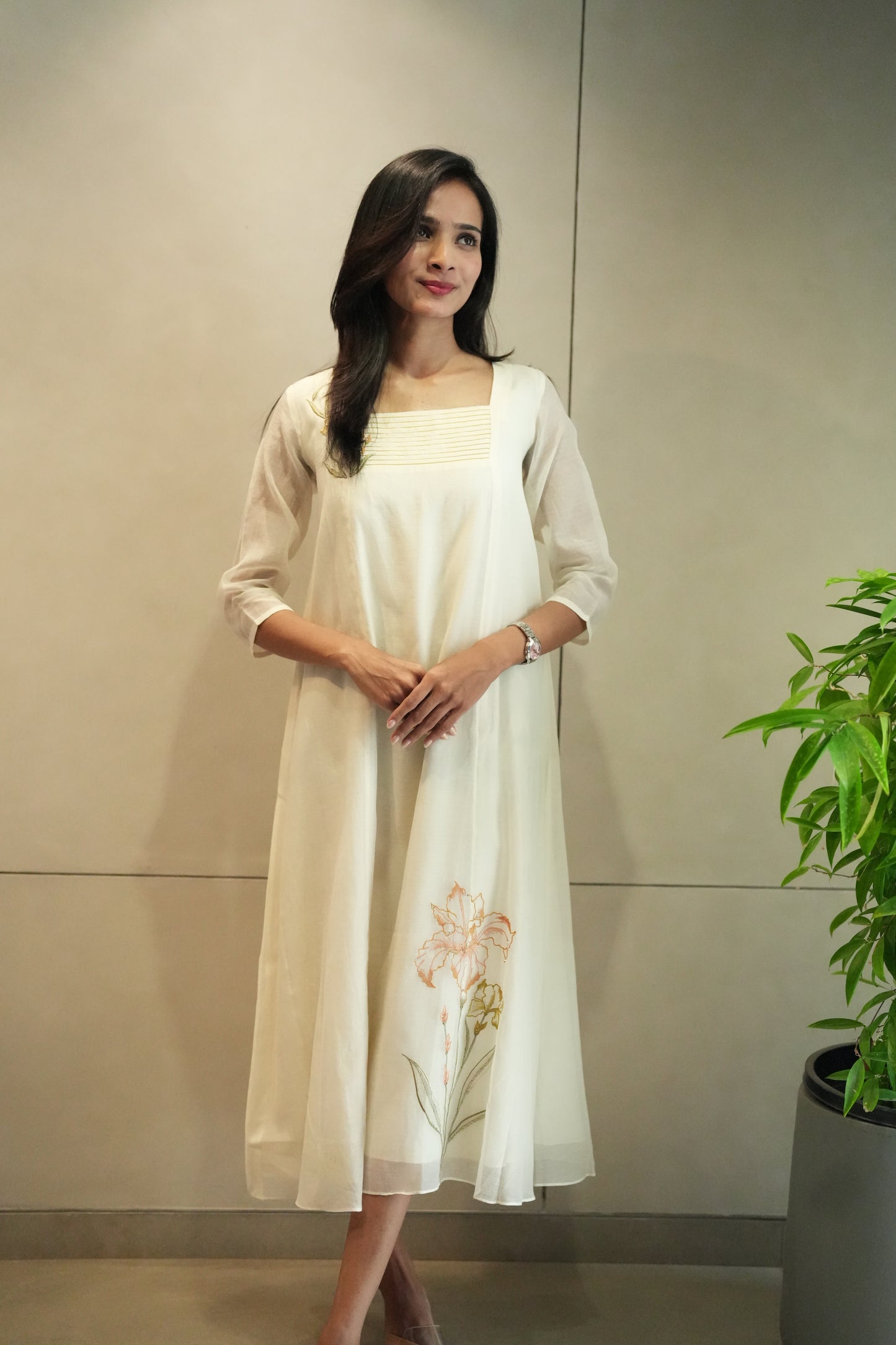 Off white Chanderi frock with pleated yoke and floral embroidery
