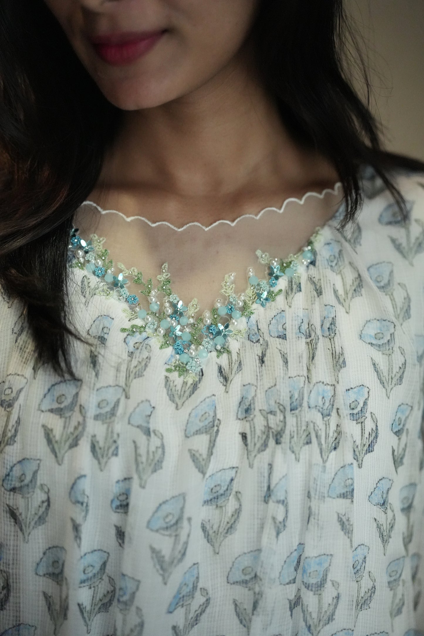 White with blue floral kota print