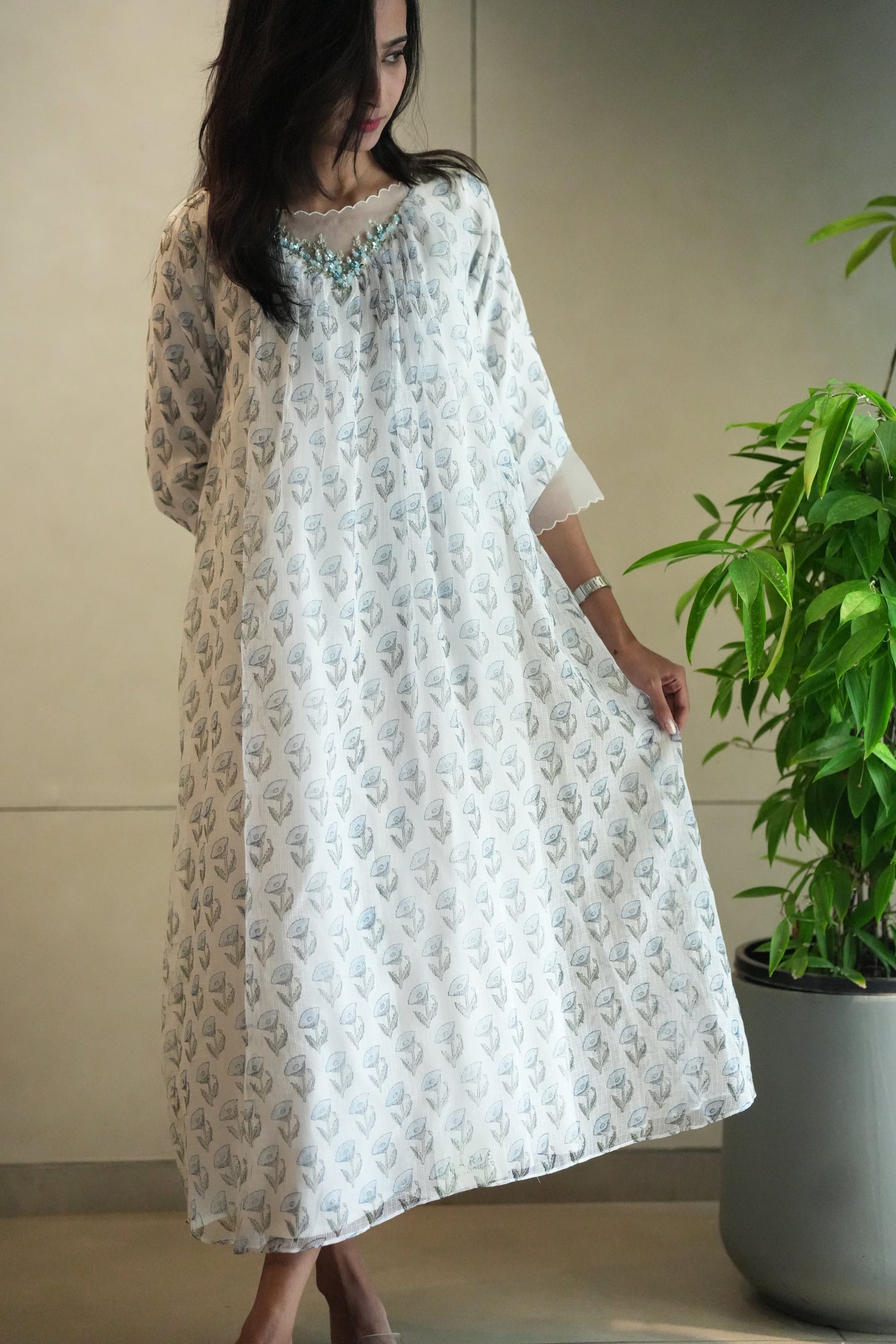 White with blue floral kota print