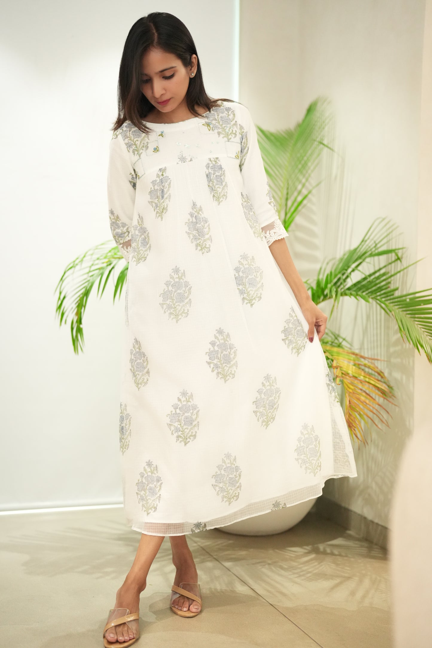 White Printed Kota Frock