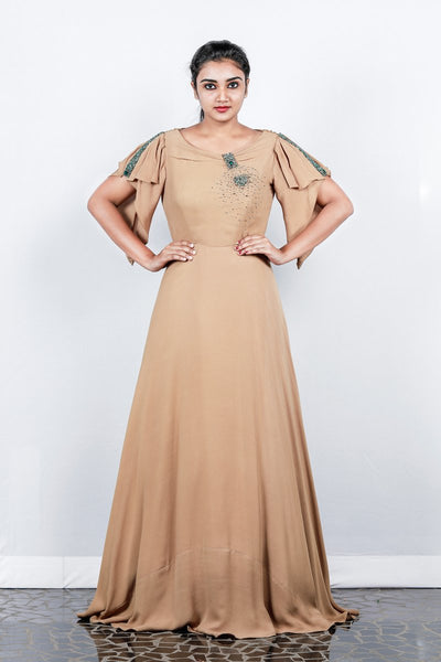 Paris Dark Beige Double Georgette Gown With Pleated Asymmetrical Fluttered Sleeve