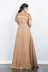 Paris Dark Beige Double Georgette Gown With Pleated Asymmetrical Fluttered Sleeve
