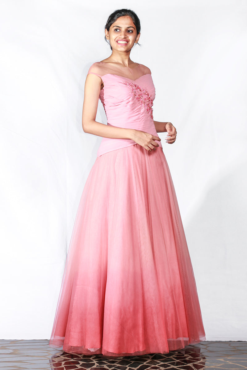 Peach Draped Georgette Gown With Floral, Crystal And Pearl Embroidery