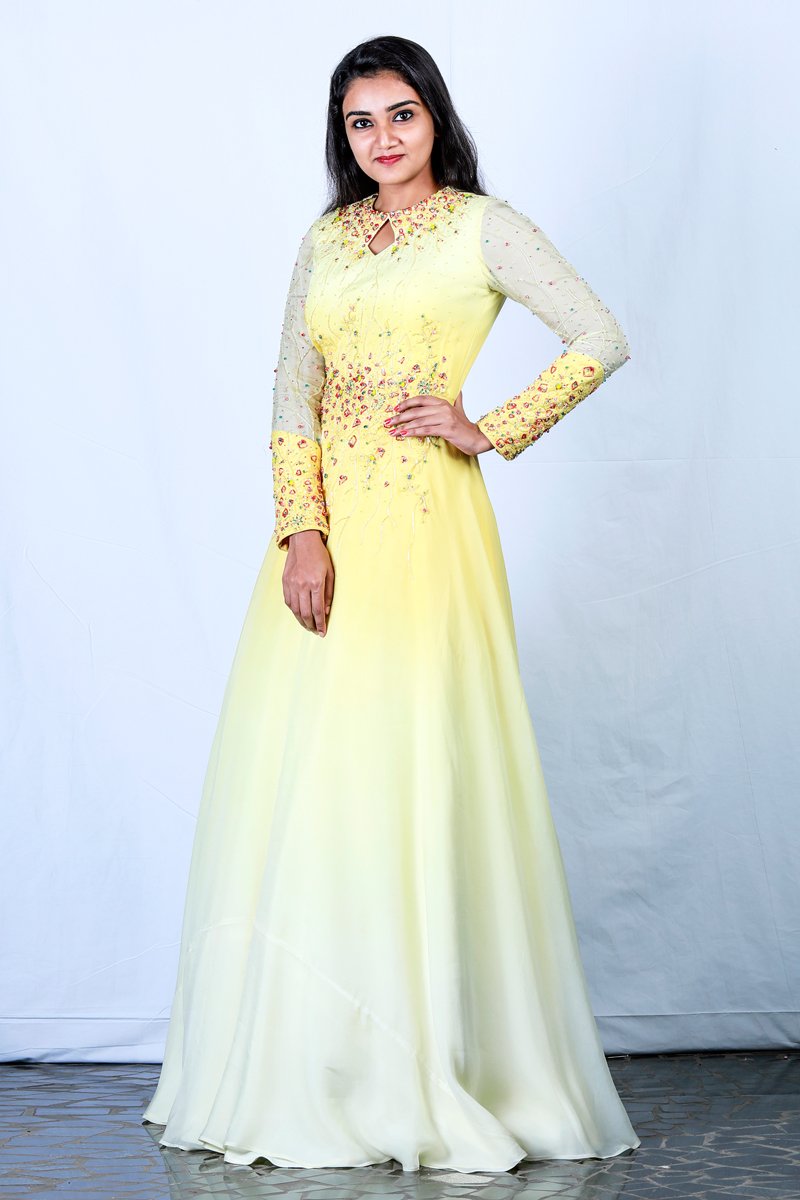 Yellow Organza Embroidered Gown