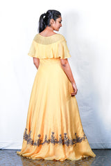Yellow Sleeveless Gown With Overlapping Attached Embroidered Cape