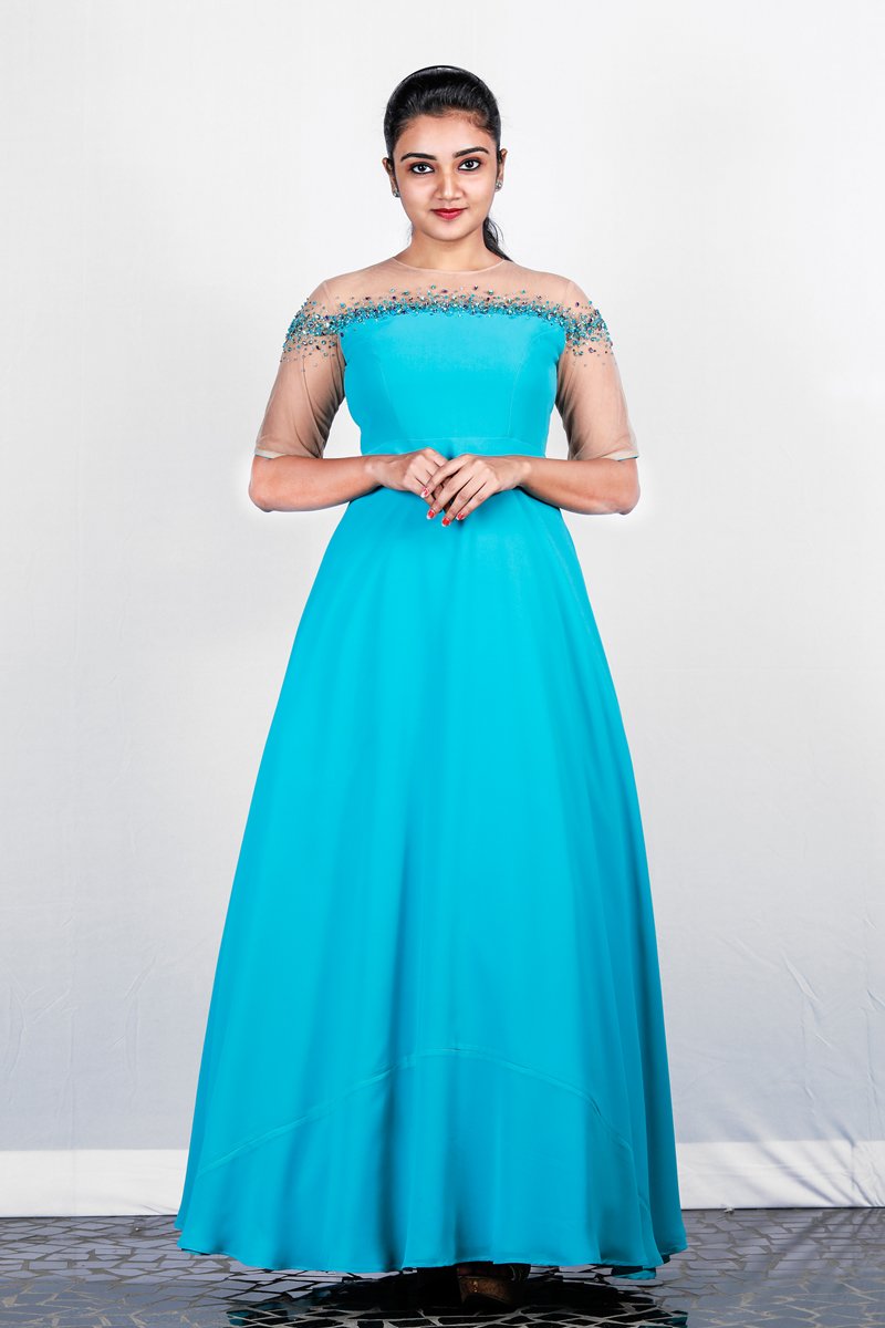 Blue Georgette Embroidered Gown