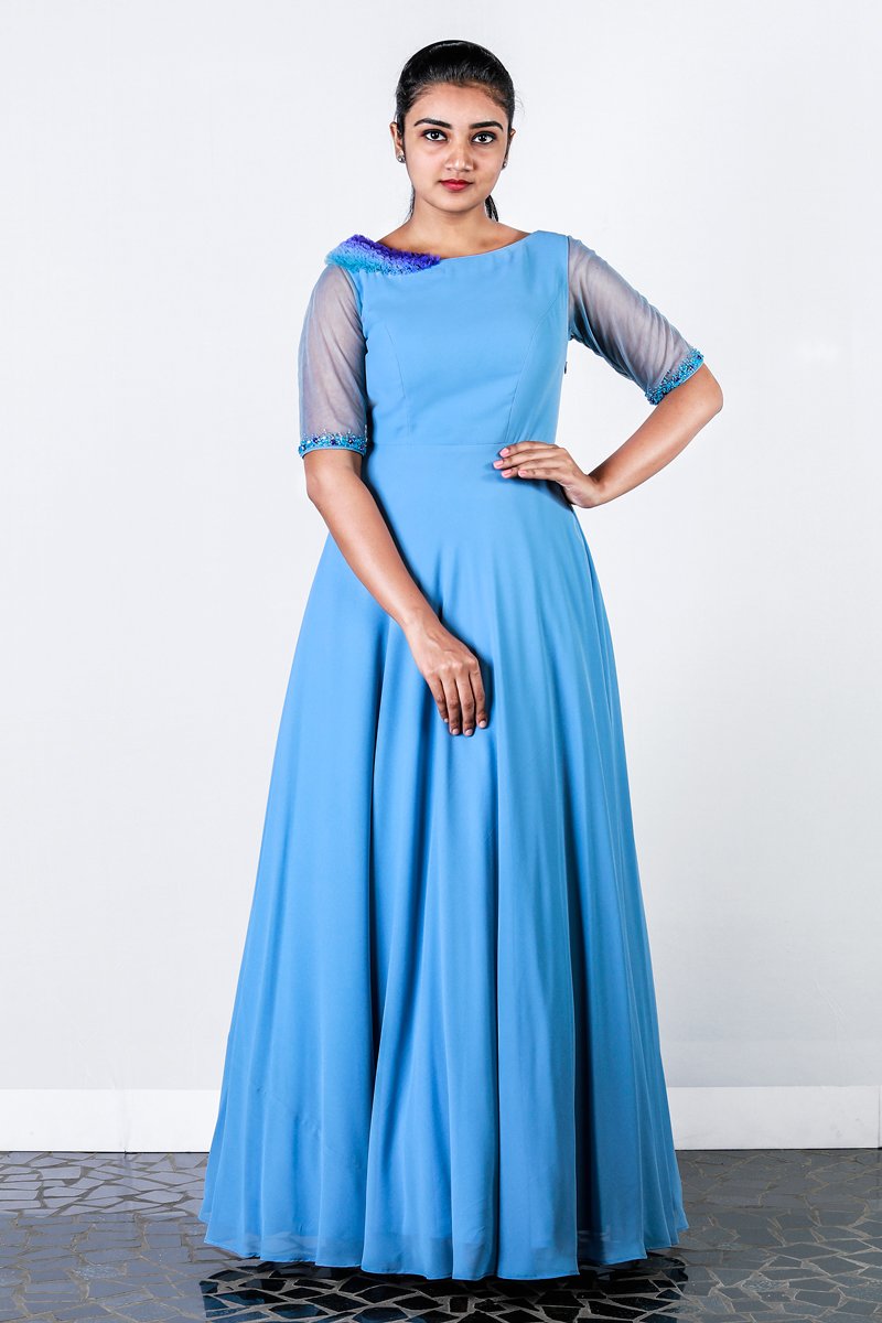 Blue Georgette Embroidered Gown