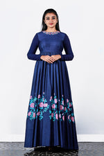 Dark Blue Floral Painted Tusser Silk Gown