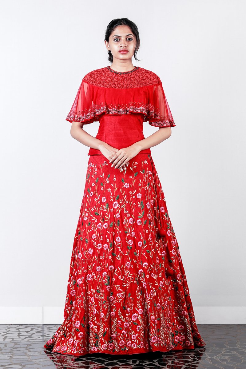 Red Thread Embroidered Rawsilk Skirt -top