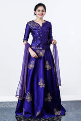 Paris Navy Blue Embroidered Raw Silk Skirt And Top With Net Embroidery Duppatta