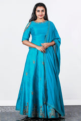 Paris Dark Sky Blue Embroidered Top And Skirt With Georgette Duppatta