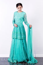 Blue Net Lace Peplum Long Top Paired With Skirt And Duppatta