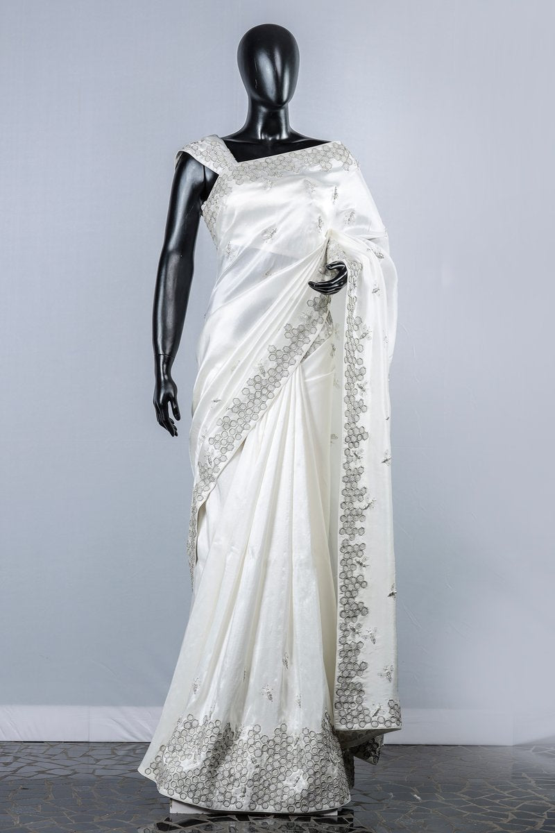 Off- White Silver Zari Worked Dupion Silk Wedding Saree And Blouse