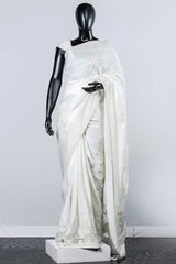 Paris Off White Embroidered Applique Worked Linen Satin Bridal Saree And Blouse