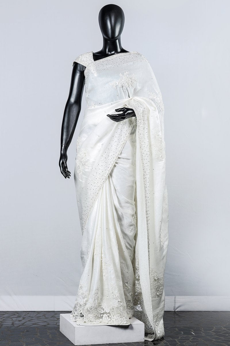 Paris Off White Embroidered Applique Worked Linen Satin Bridal Saree And Blouse