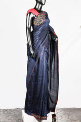 Paris Navy Blue Embroidered Dupion Silk Saree And Red Raw Silk Blouse