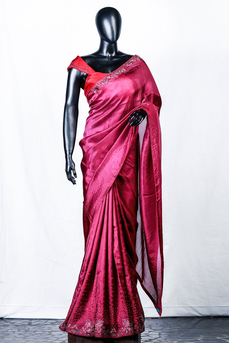 Berry Red Crispy Georgette Embroidered Saree