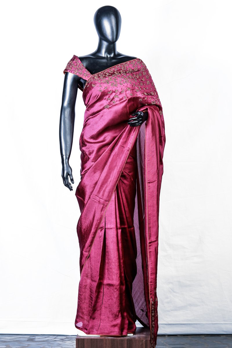 Paris Berry Red Crispy Georgette Embroidered Saree And Rawsilk Blouse