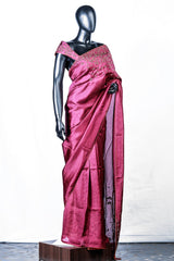 Paris Berry Red Crispy Georgette Embroidered Saree And Rawsilk Blouse
