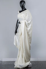 Paris Off- White Bridal Linen Satin Wedding Saree And Blouse