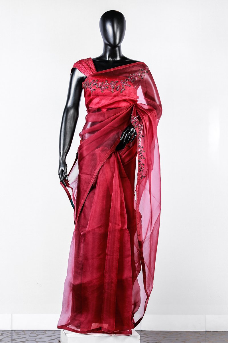 Paris Raspberry Red Floral Embroidered Organza Saree With Rawsilk Blouse