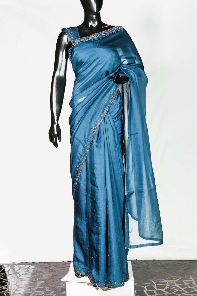 Paris Cadet Blue Embroidered Organza Saree And Blouse