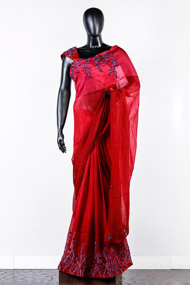 Paris Bright Pink- Brick Red Embroidered Shaded Organza Saree With Chanderi Blouse