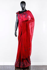 Paris Bright Pink- Brick Red Embroidered Shaded Organza Saree With Chanderi Blouse