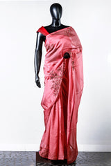 Paris Imperial Peach Organza Floral Embroidered Saree And Red Rawsilk Blouse
