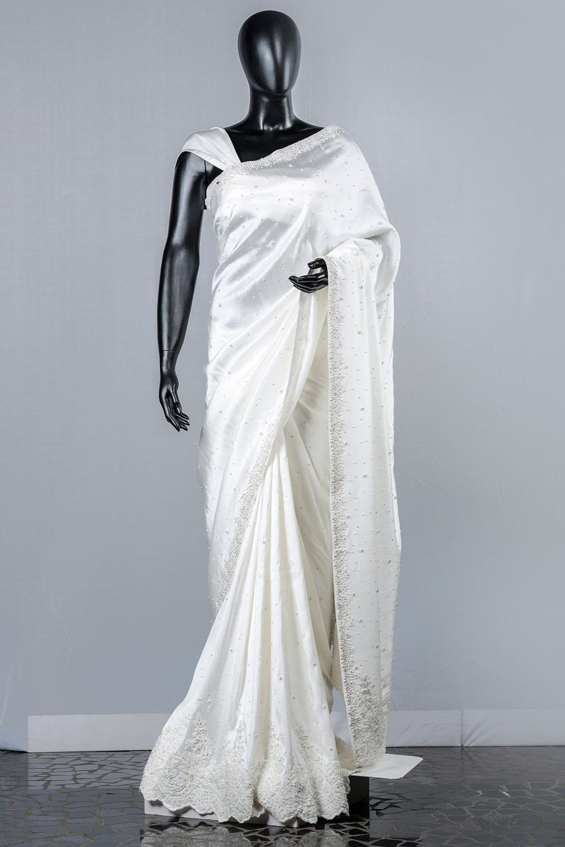 Off- White Floral Appliqued Dupion Silk Wedding Saree And Blouse