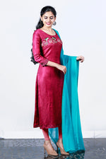 Reddish Magenta Embroidered Linen Satin Semi-stitch Salwar