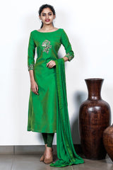 Green Chanderi Embroidered Semi-stitch Salwar