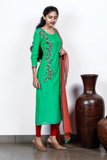 Double Tone Green Chanderi Semi-stitch Salwar With Multi-colour Floral Bunch Works