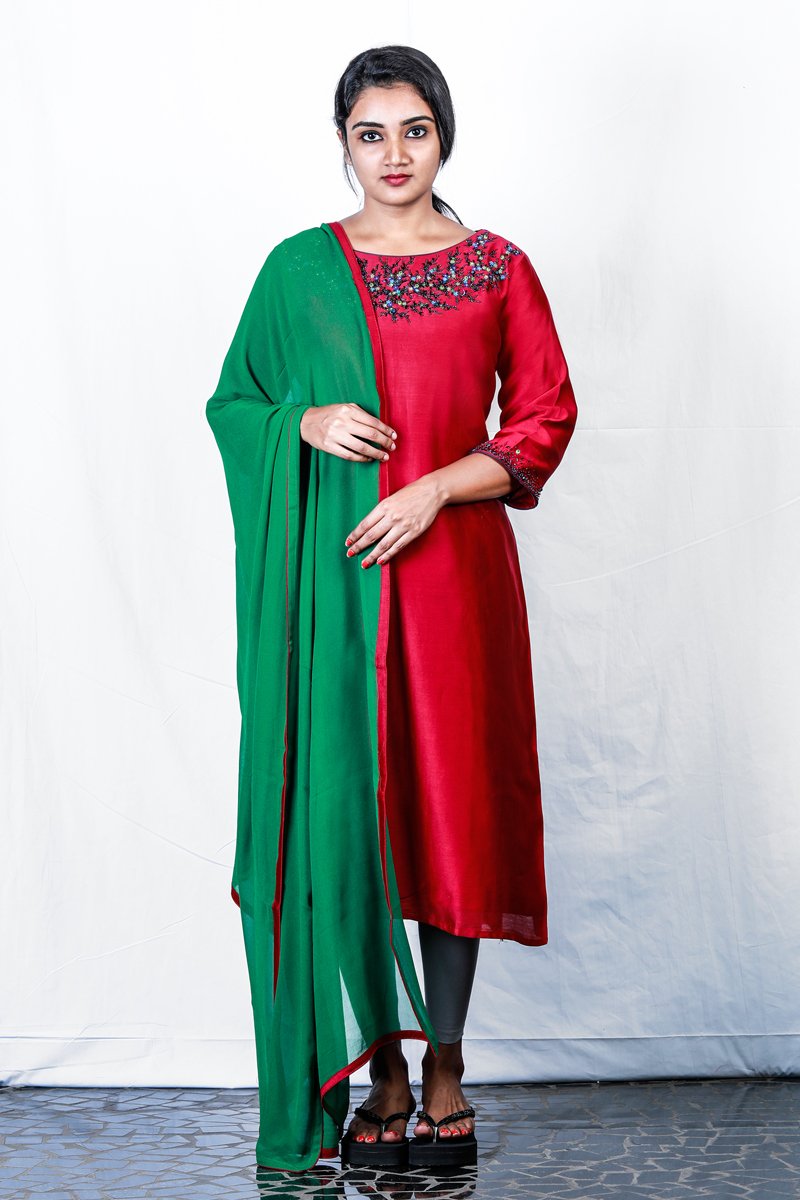 Deep Pink-green Chanderi Semi-stitch Embroidered Salwar