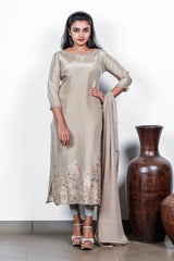 Beige Floral Appliqued Upada Silk Semi-stitch Salwar With Pearls And Uncut Gems
