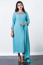 Paris Sky Blue Embroidered Semi Stich Salwar Top And Shantoon Bottom With Georgette Duppatta