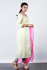 Cream Linen Satin Embroidered Semi-stitch Salwar