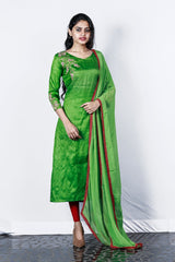 Paris Green Thread And Zari Embroidered Tusser Silk Semi-stitch Salwar